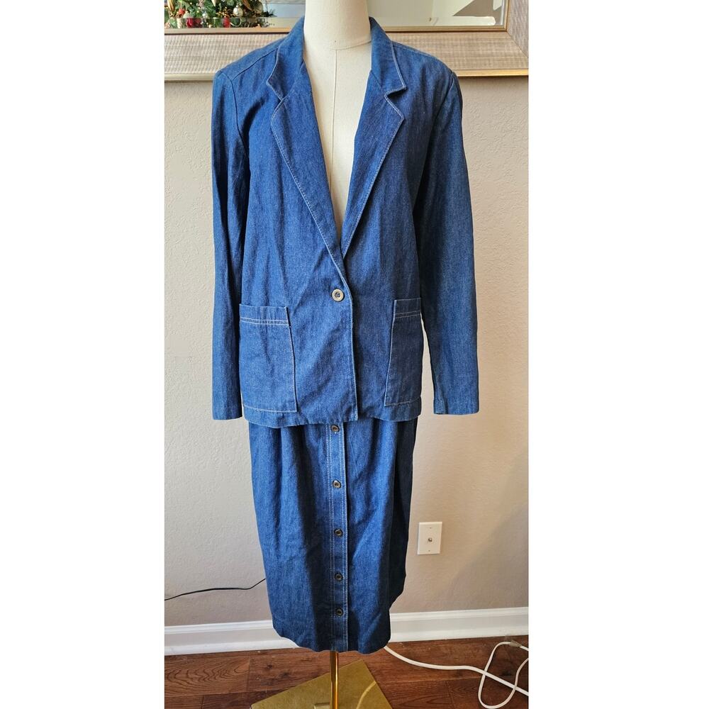 Vintage Alfred Dunner Button‎ Front Denim Blazer and Skirt Suit Women Sz 10 Blue